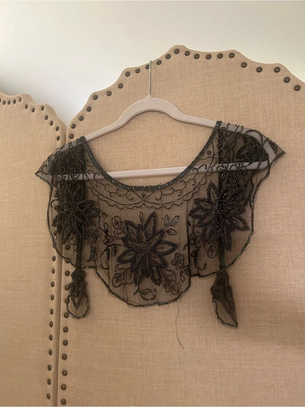Vintage Iridescent Black Beaded Sheer Floral Scarf / Wrap / Cape Shoulder Cover